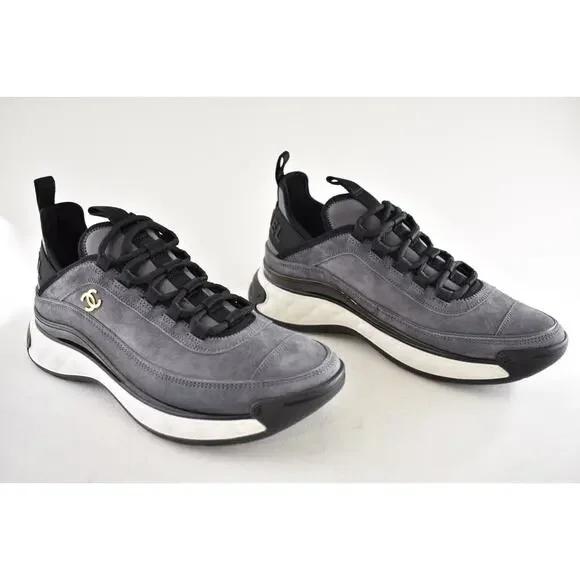 Chanel 23K Grey Suede Black White CC Logo Lace Up Low Top Trainer Sneaker 39.5 - Picture 3 of 15